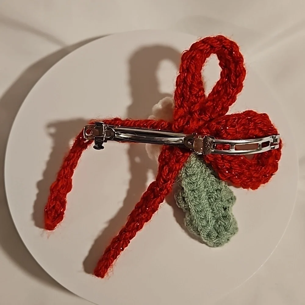 Hand Crafted Hand Knit Crochet Red Bow Barrete Hair Clip white and yellow flower
